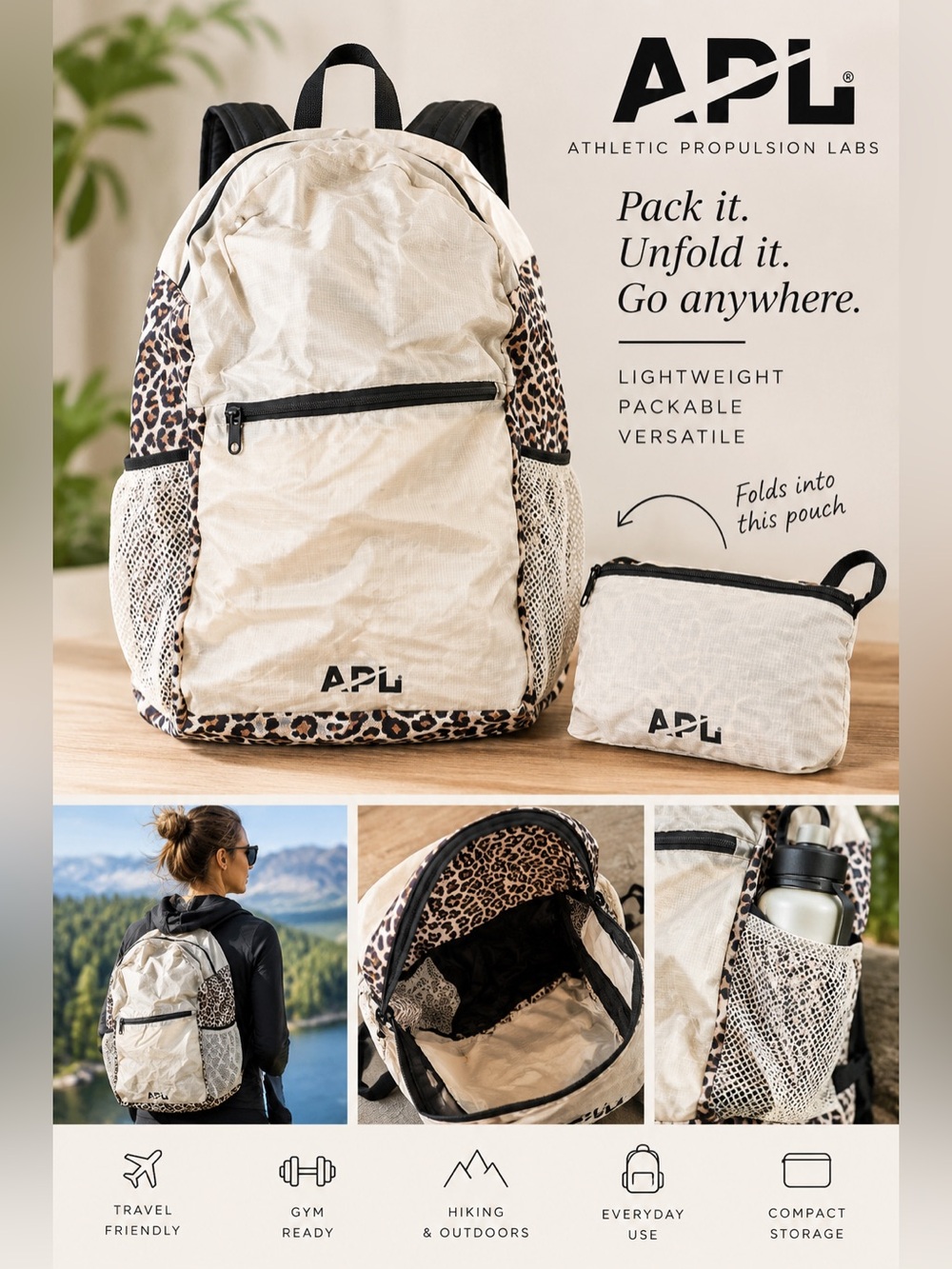 APL Athletic Propulsion Labs All-Purpose Packable Backpack Leopard Print